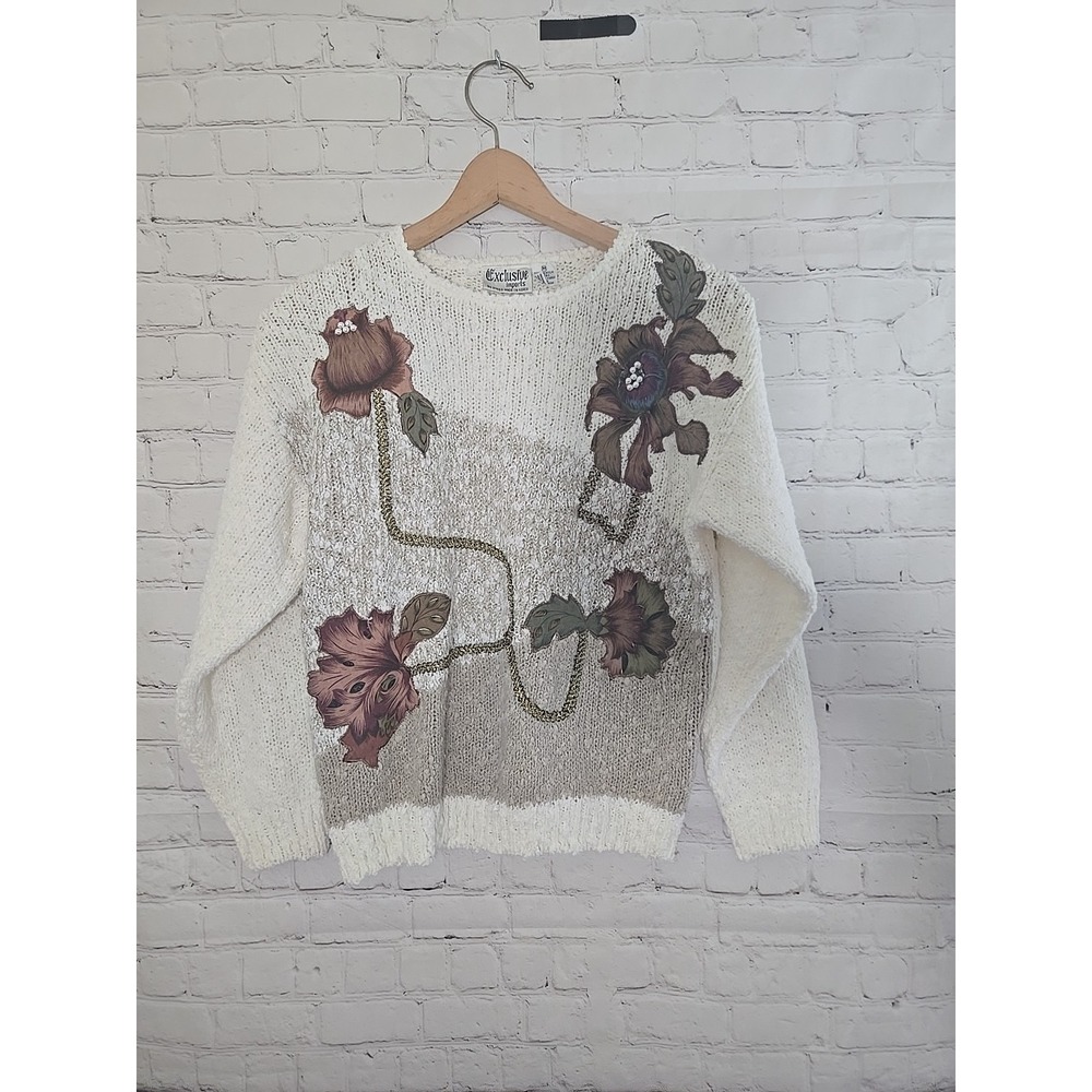 Vintage 80s Exclusive Imports Sz M Beaded Applique Sweater Cottagecore Grandma - Picture 1 of 11